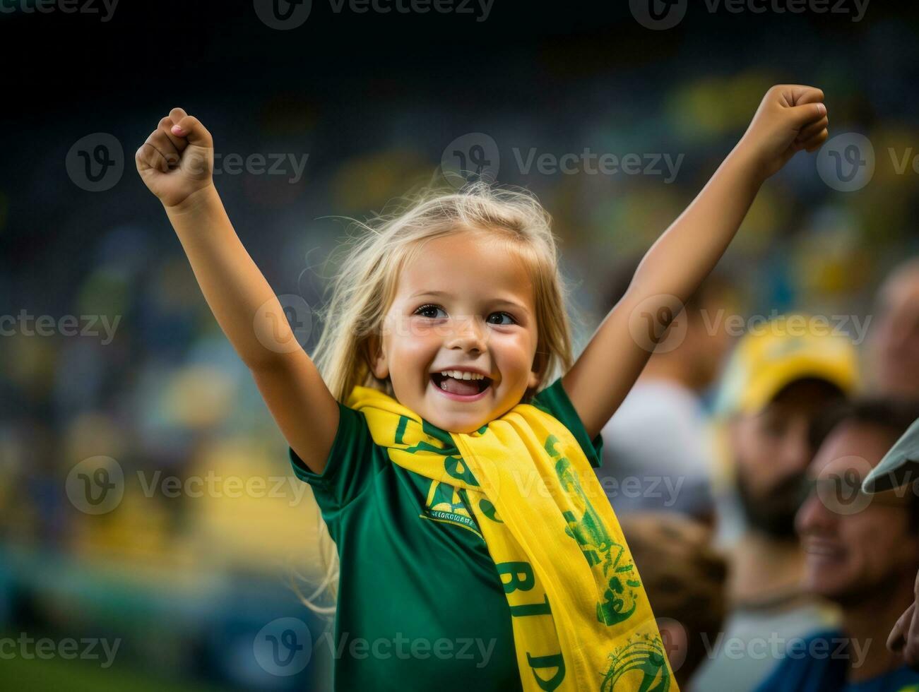 Brazilian kid celebrates his soccer teams victory AI Generative photo