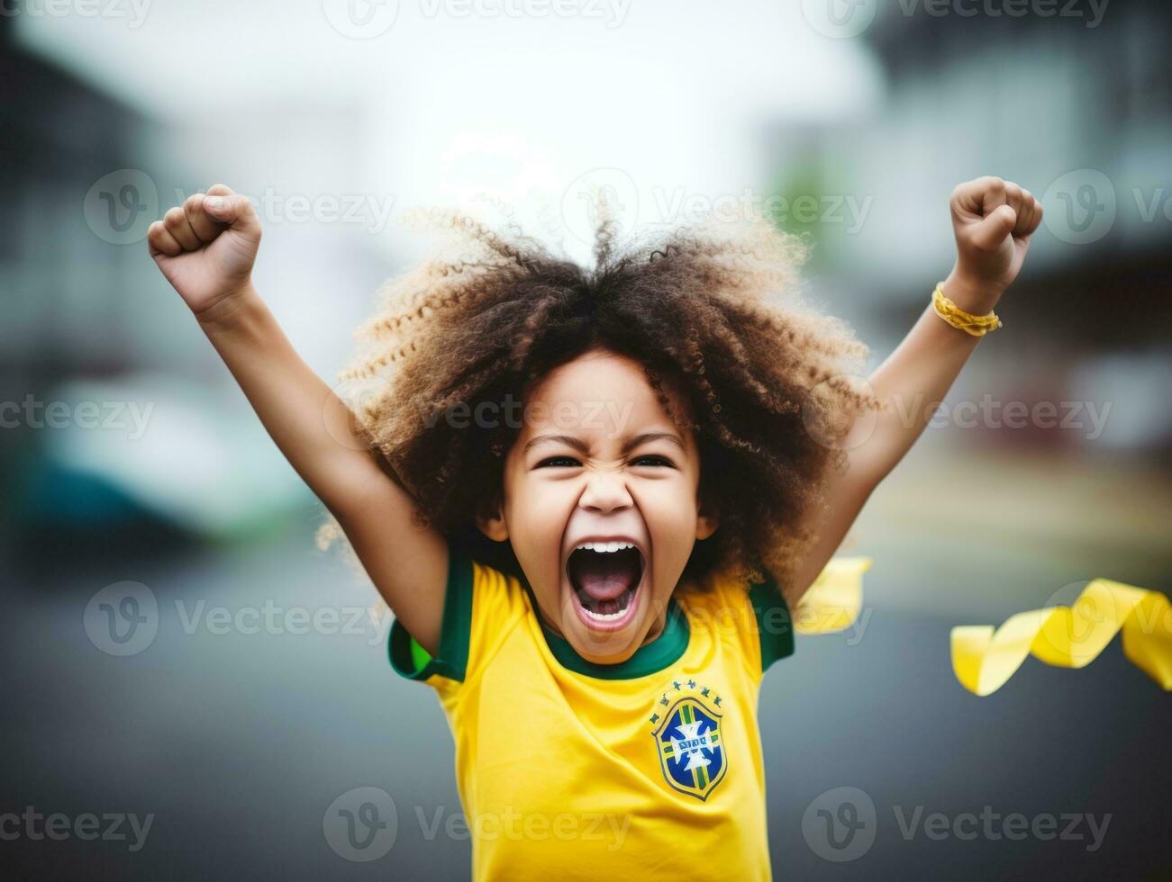 Brazilian kid celebrates his soccer teams victory AI Generative photo