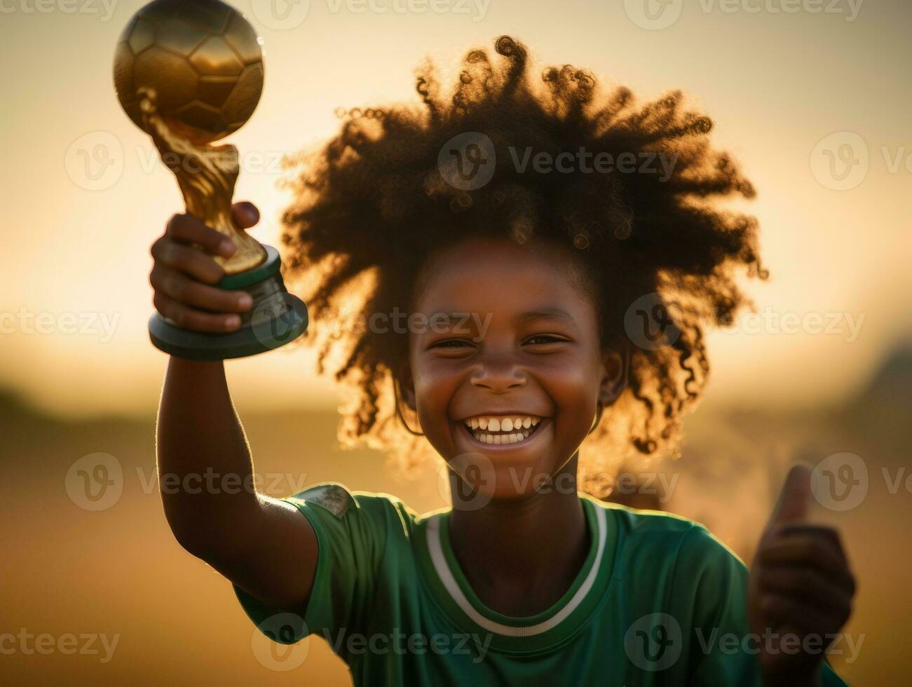 Brazilian kid celebrates his soccer teams victory AI Generative photo