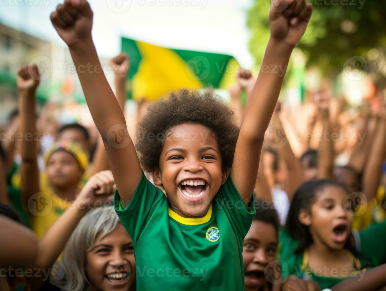 Brazilian kid celebrates his soccer teams victory AI Generative photo