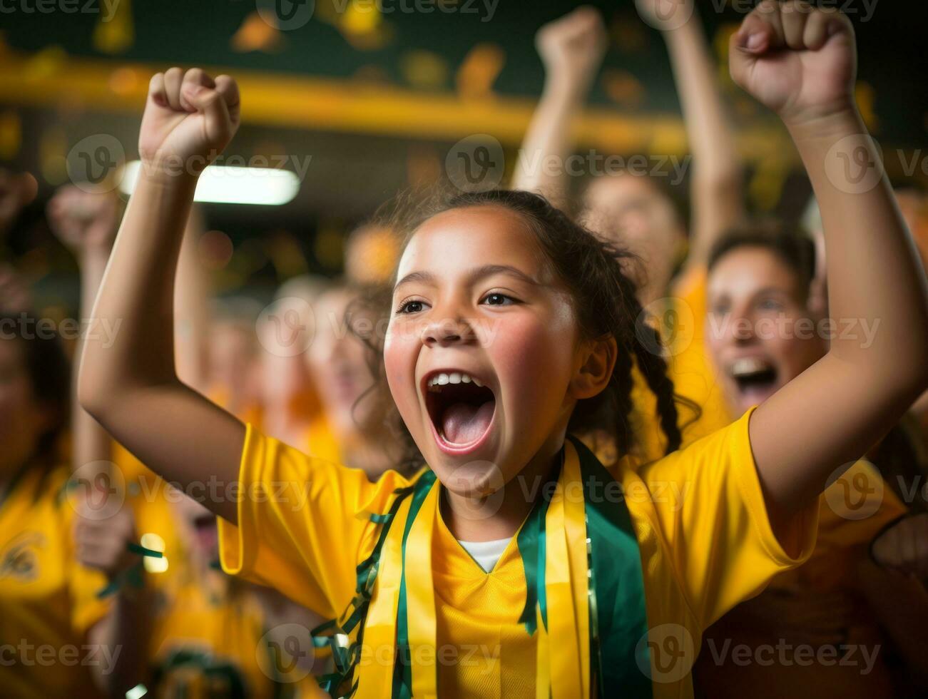 Brazilian kid celebrates his soccer teams victory AI Generative photo