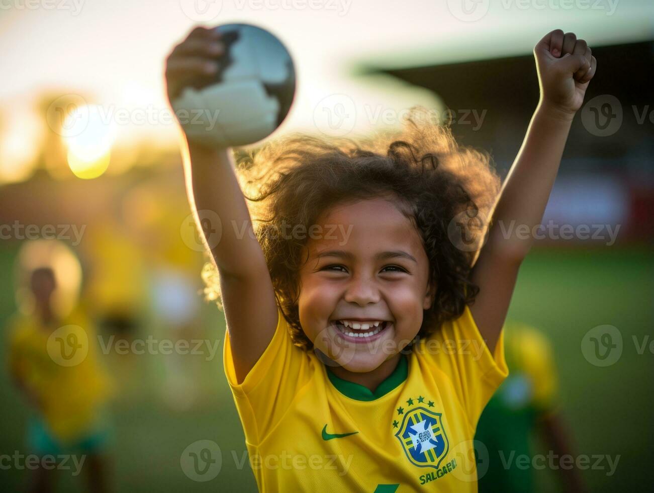 brasileño niño celebra su fútbol equipos victoria ai generativo foto