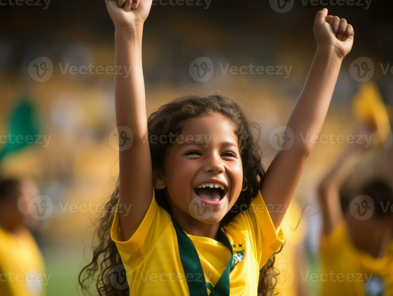 Brazilian kid celebrates his soccer teams victory AI Generative photo