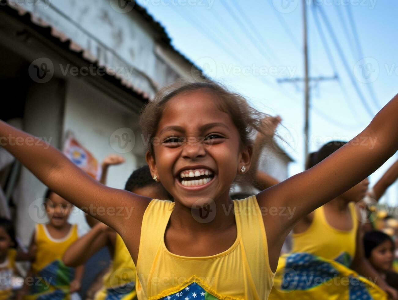 Brazilian kid celebrates his soccer teams victory AI Generative photo