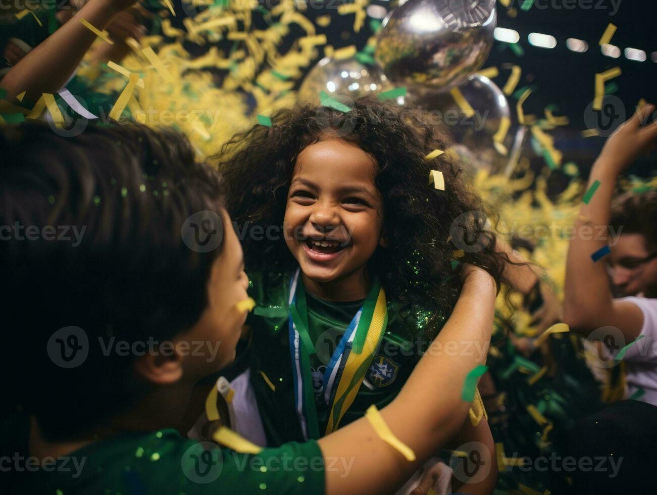 Brazilian kid celebrates his soccer teams victory AI Generative photo