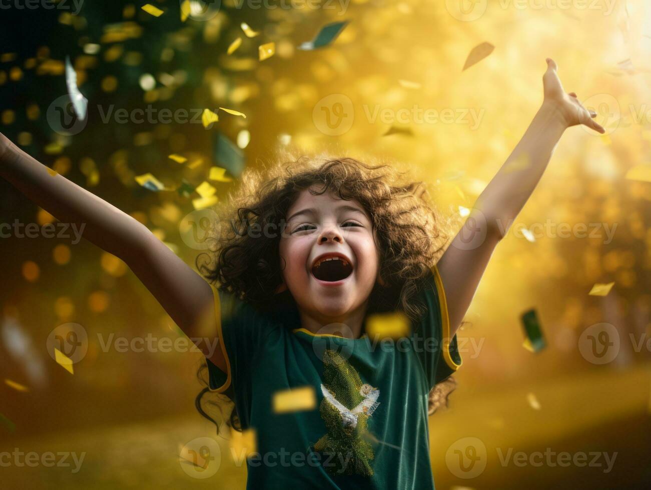 Brazilian kid celebrates his soccer teams victory AI Generative photo