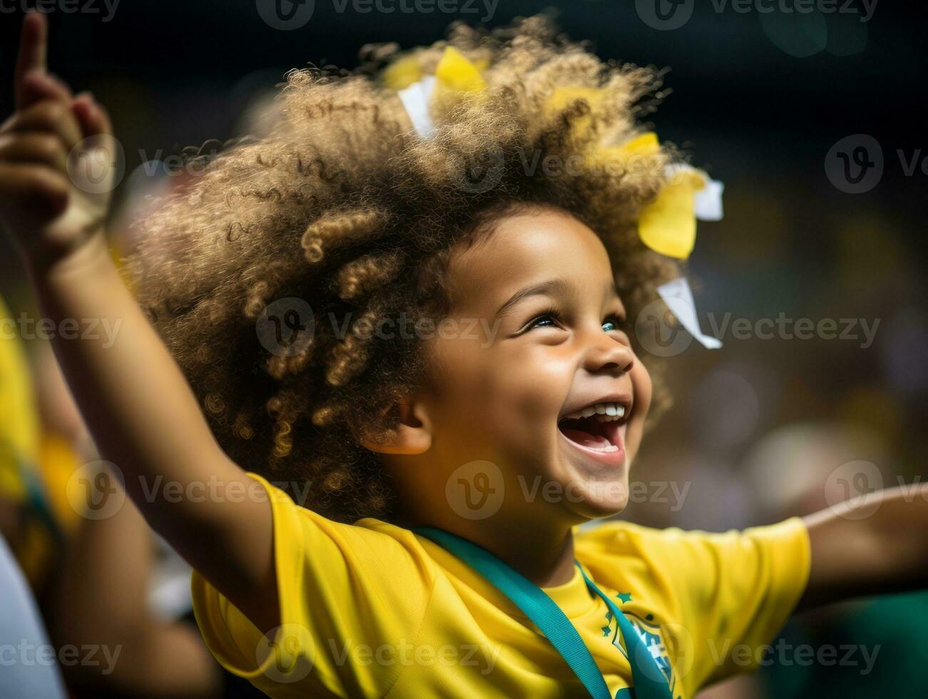 Brazilian kid celebrates his soccer teams victory AI Generative photo