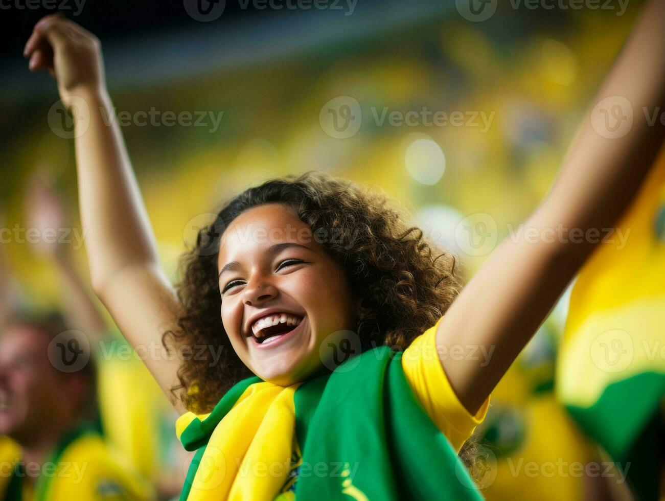 Brazilian kid celebrates his soccer teams victory AI Generative photo