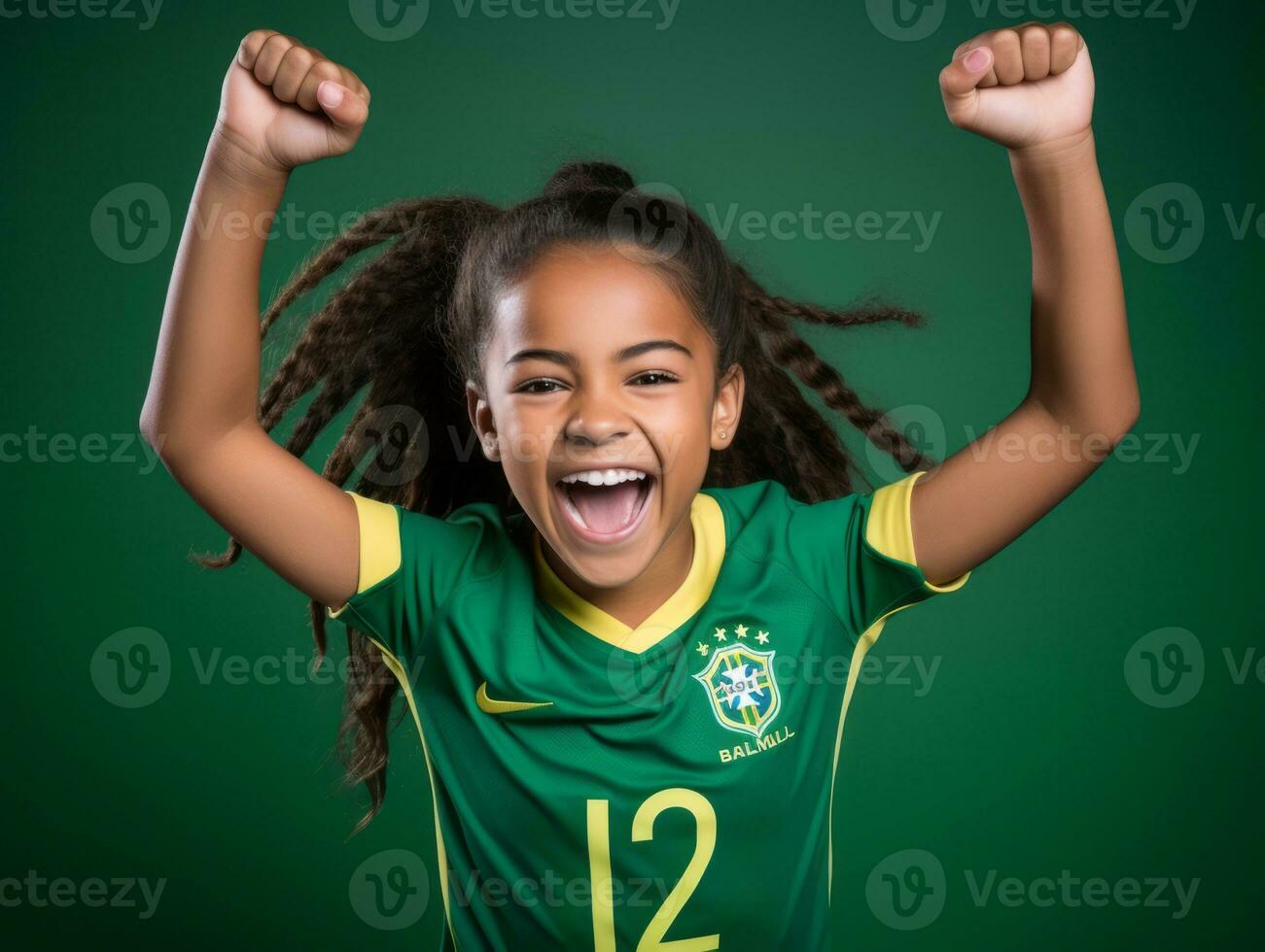 Brazilian kid celebrates his soccer teams victory AI Generative photo