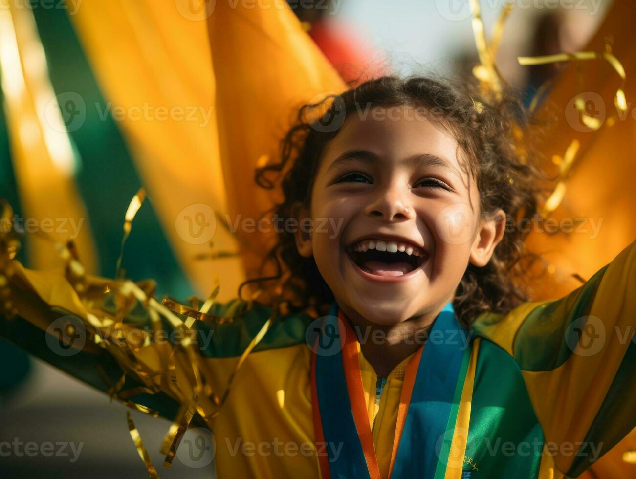 Brazilian kid celebrates his soccer teams victory AI Generative photo