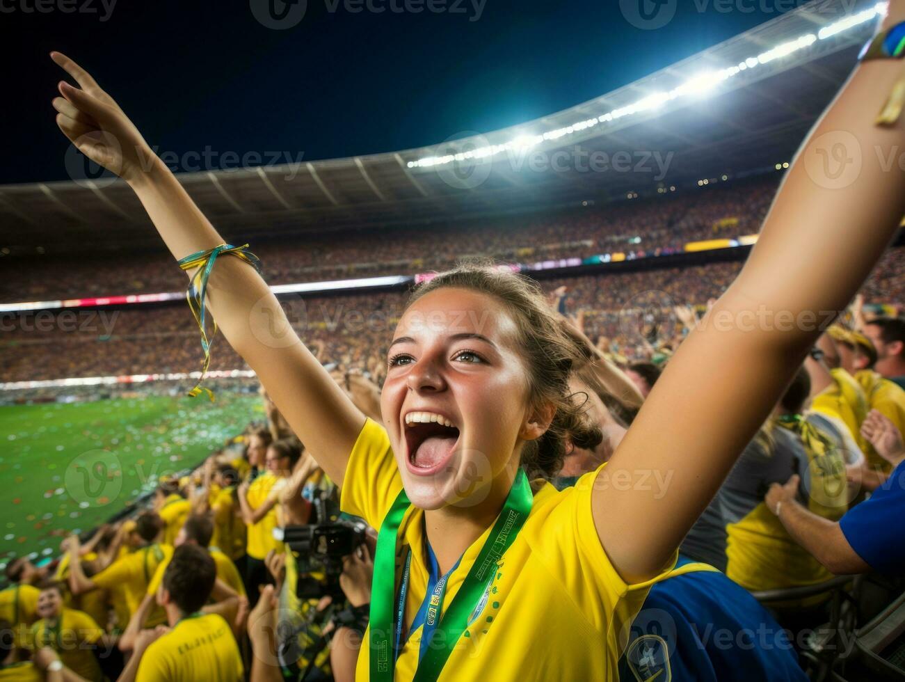 brasileño niño celebra su fútbol equipos victoria ai generativo foto