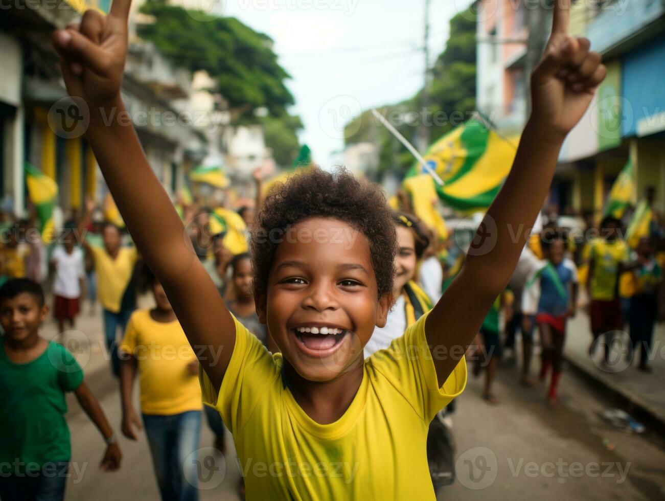 brasileño niño celebra su fútbol equipos victoria ai generativo foto