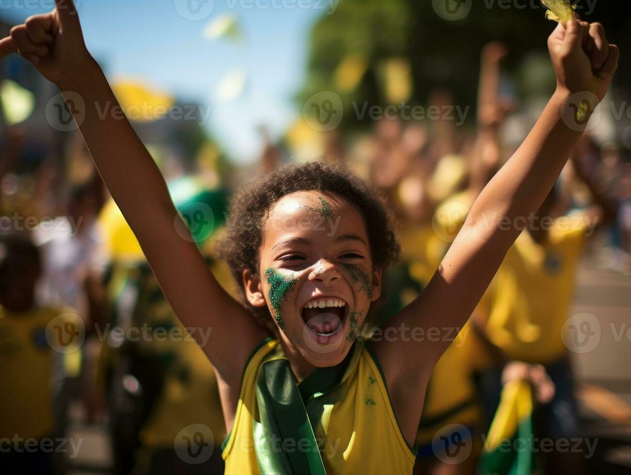 Brazilian kid celebrates his soccer teams victory AI Generative photo