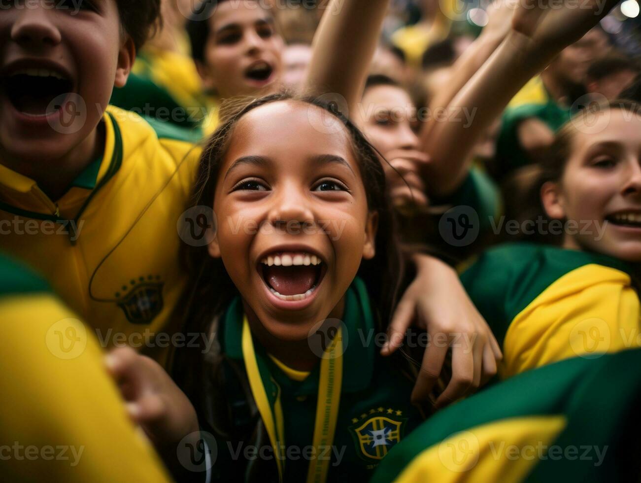 Brazilian kid celebrates his soccer teams victory AI Generative photo