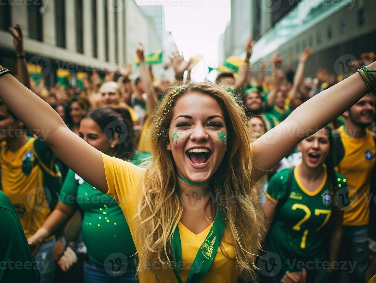 Brazilian woman celebrates her soccer teams victory AI Generative photo