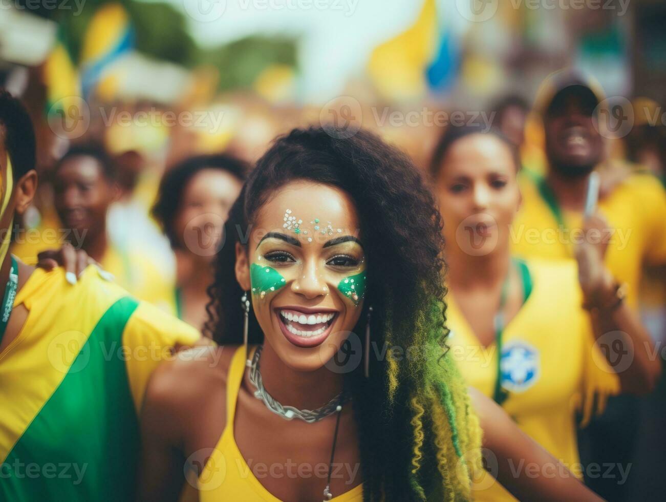 brasileño mujer celebra su fútbol equipos victoria ai generativo foto