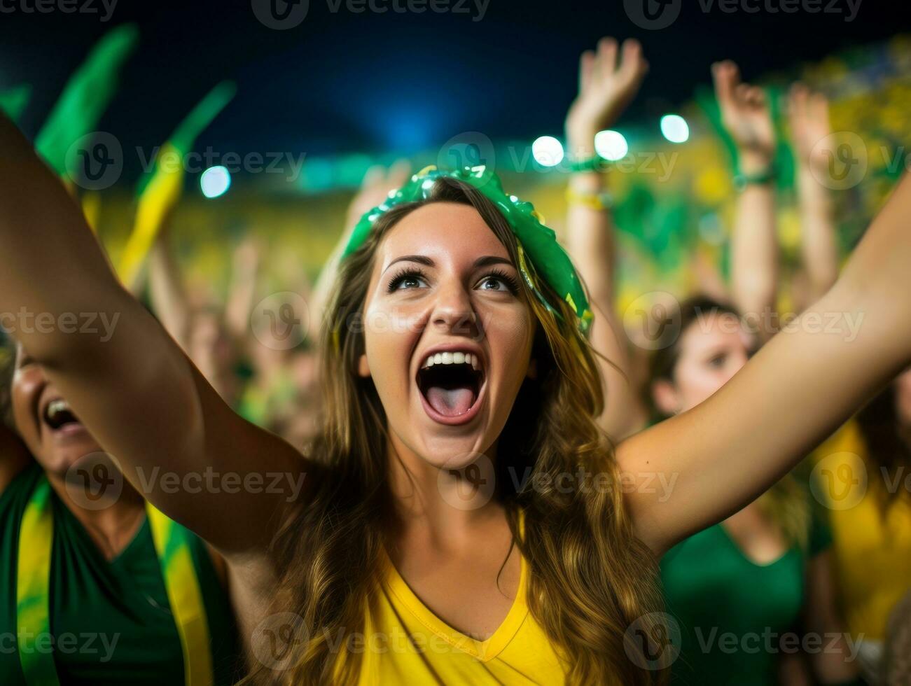 Brazilian woman celebrates her soccer teams victory AI Generative photo
