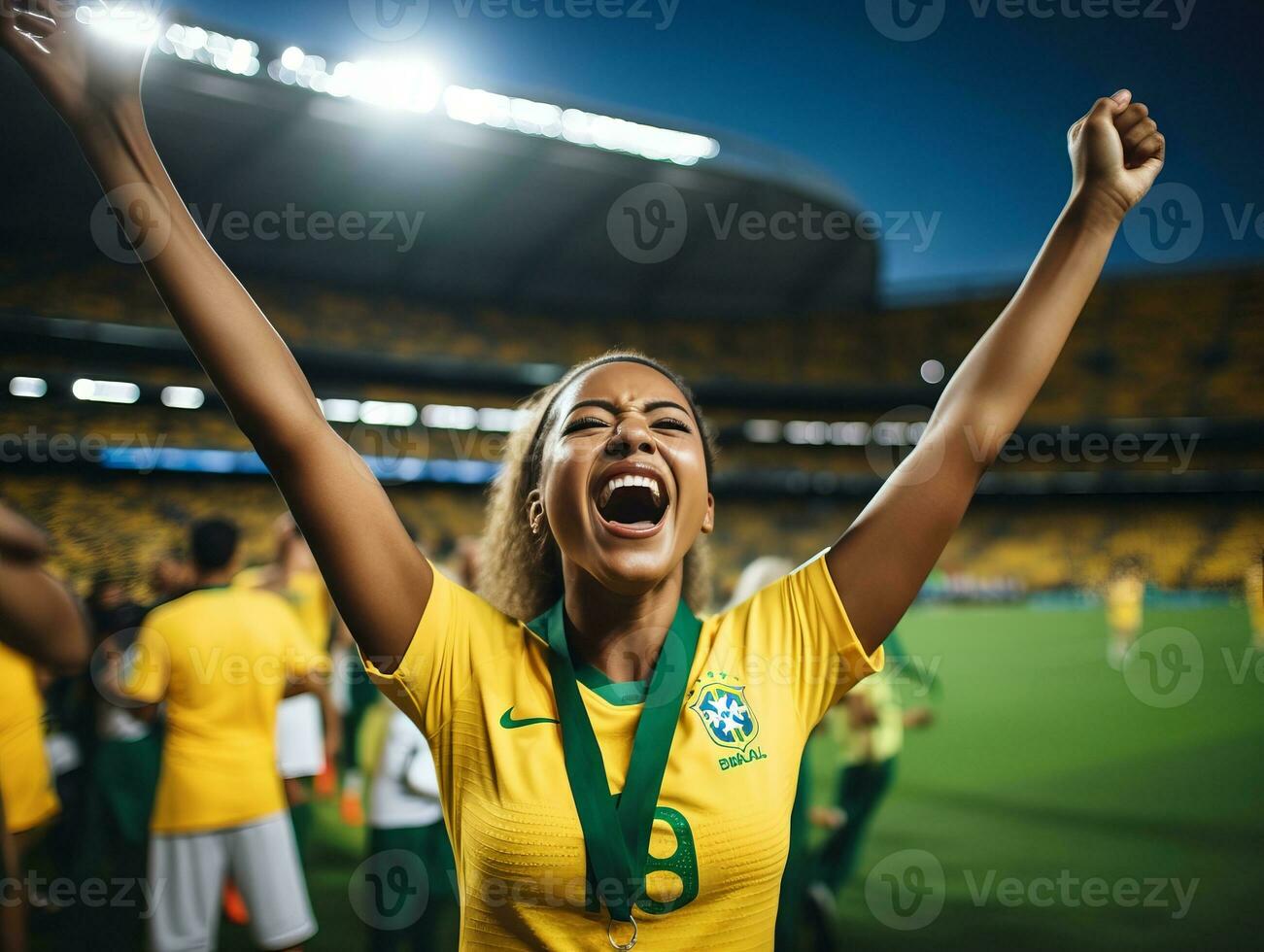 brasileño mujer celebra su fútbol equipos victoria ai generativo foto