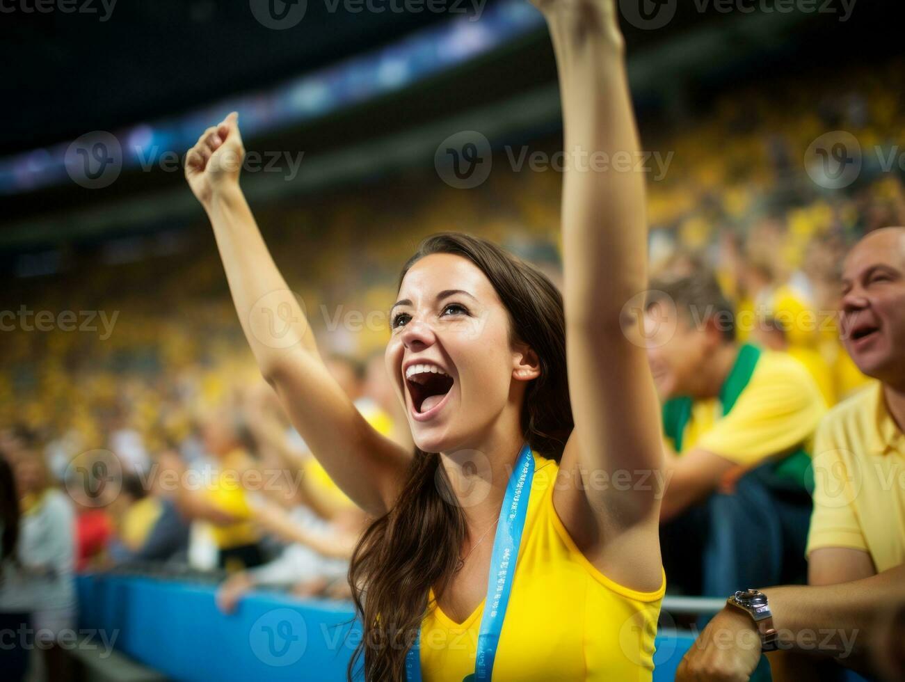 brasileño mujer celebra su fútbol equipos victoria ai generativo foto