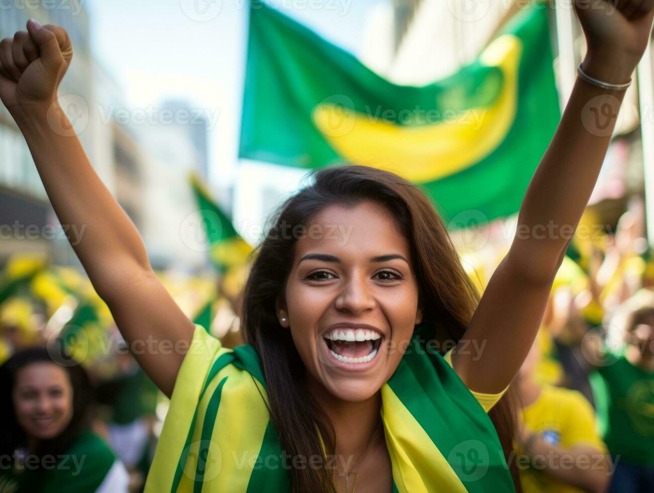 brasileño mujer celebra su fútbol equipos victoria ai generativo foto