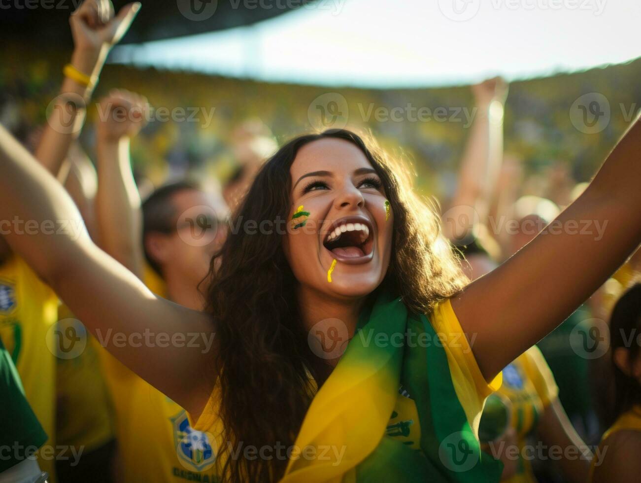 brasileño mujer celebra su fútbol equipos victoria ai generativo foto