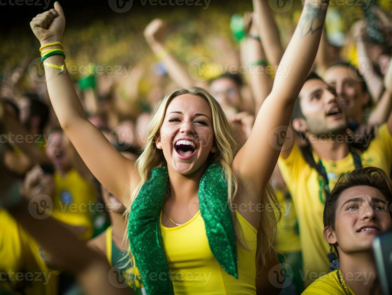 brasileño mujer celebra su fútbol equipos victoria ai generativo foto