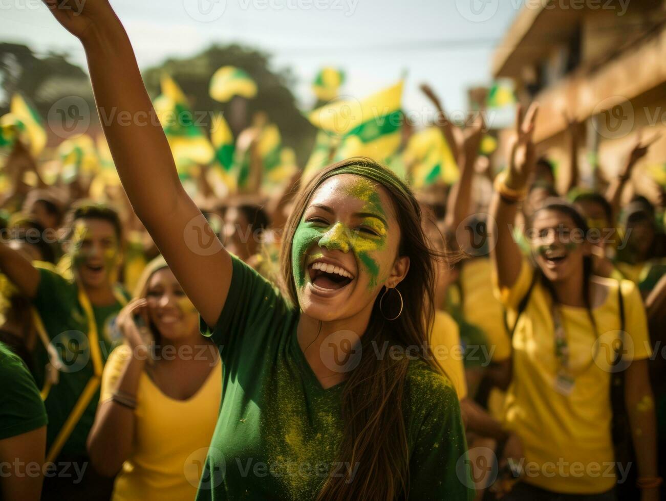 brasileño mujer celebra su fútbol equipos victoria ai generativo foto