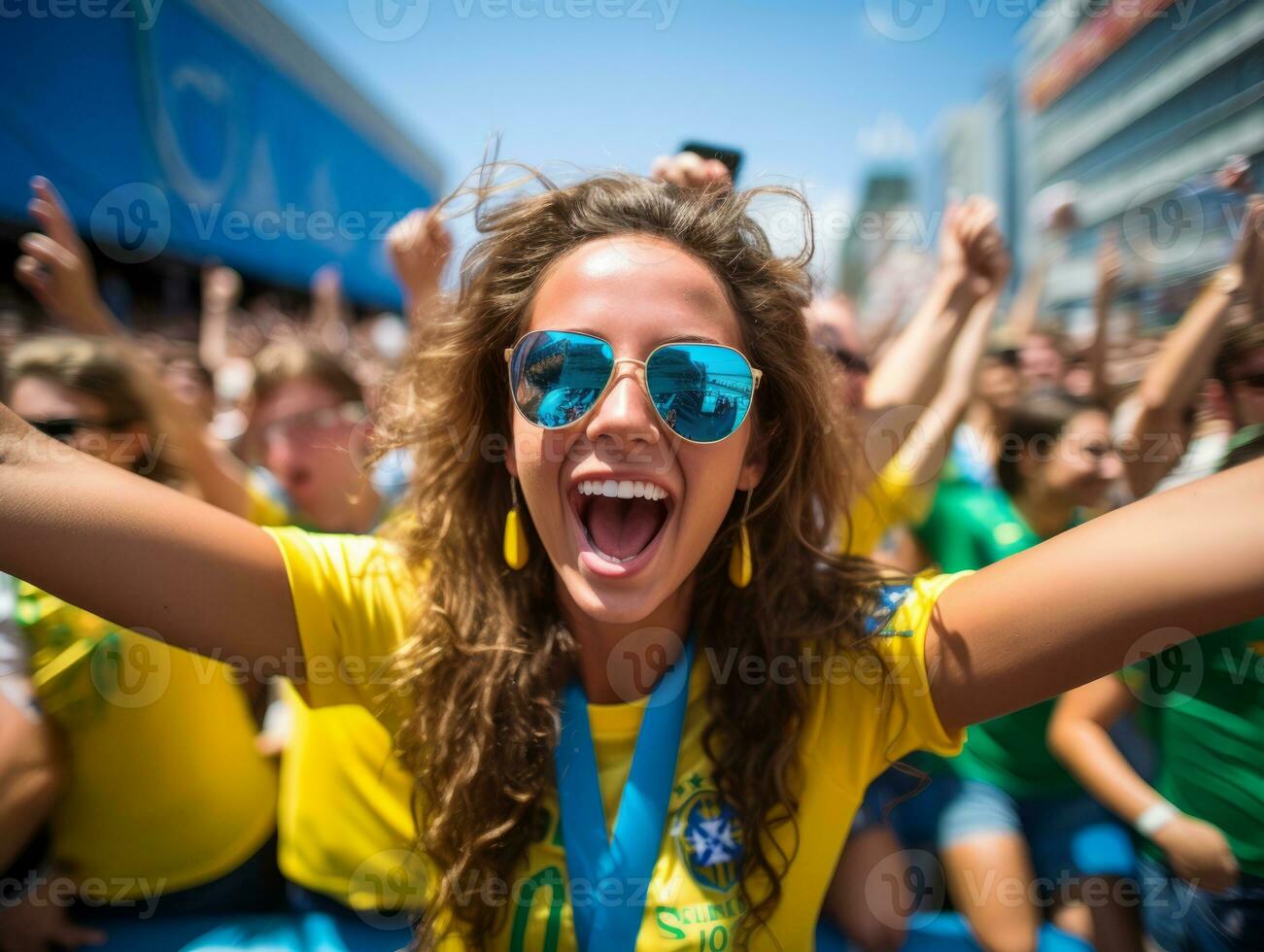 brasileño mujer celebra su fútbol equipos victoria ai generativo foto