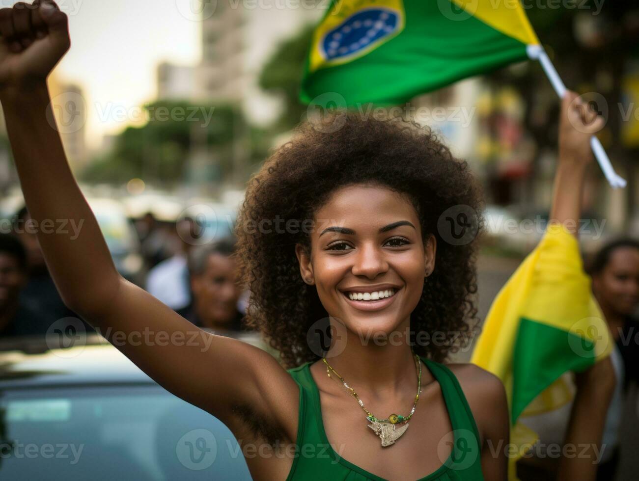 Brazilian woman celebrates her soccer teams victory AI Generative photo