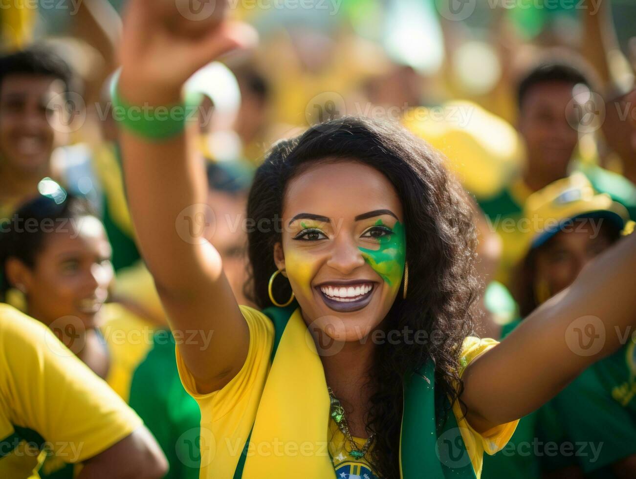 brasileño mujer celebra su fútbol equipos victoria ai generativo foto