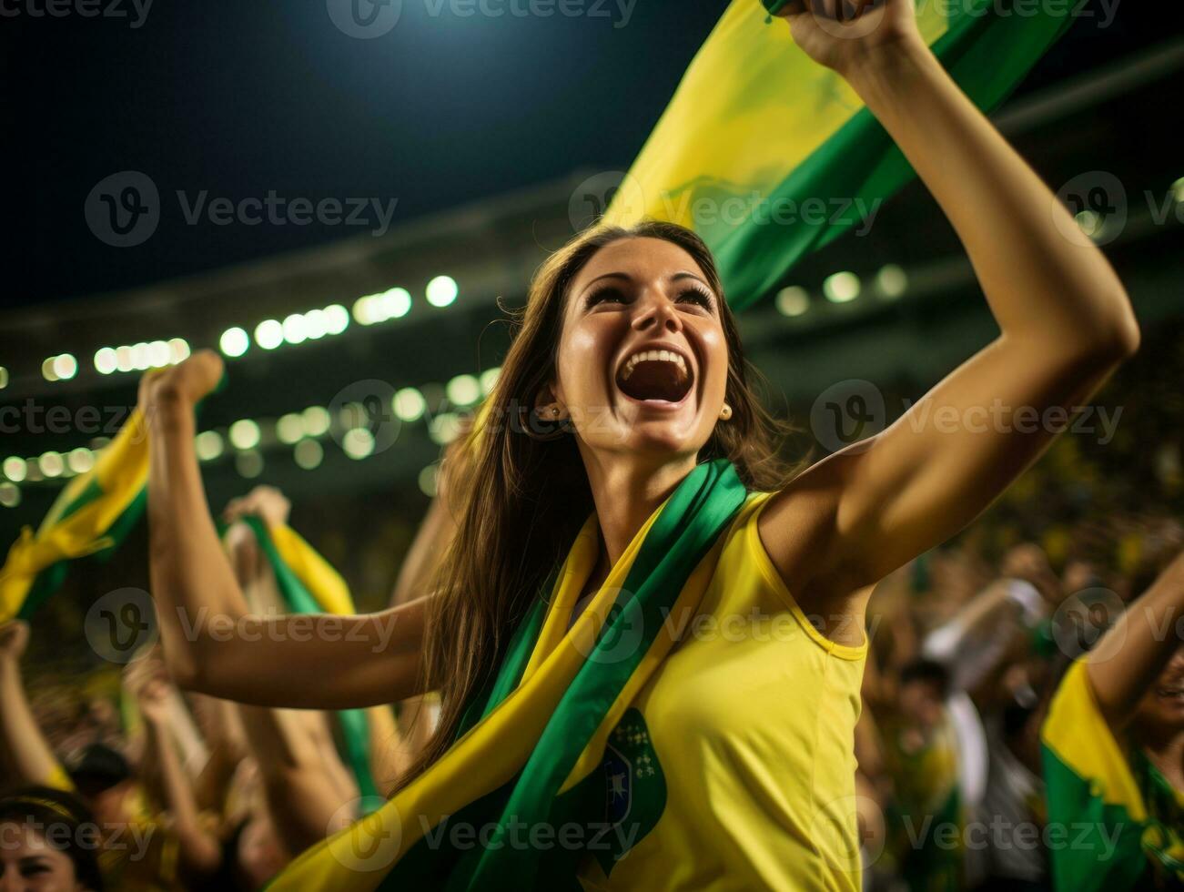 brasileño mujer celebra su fútbol equipos victoria ai generativo foto