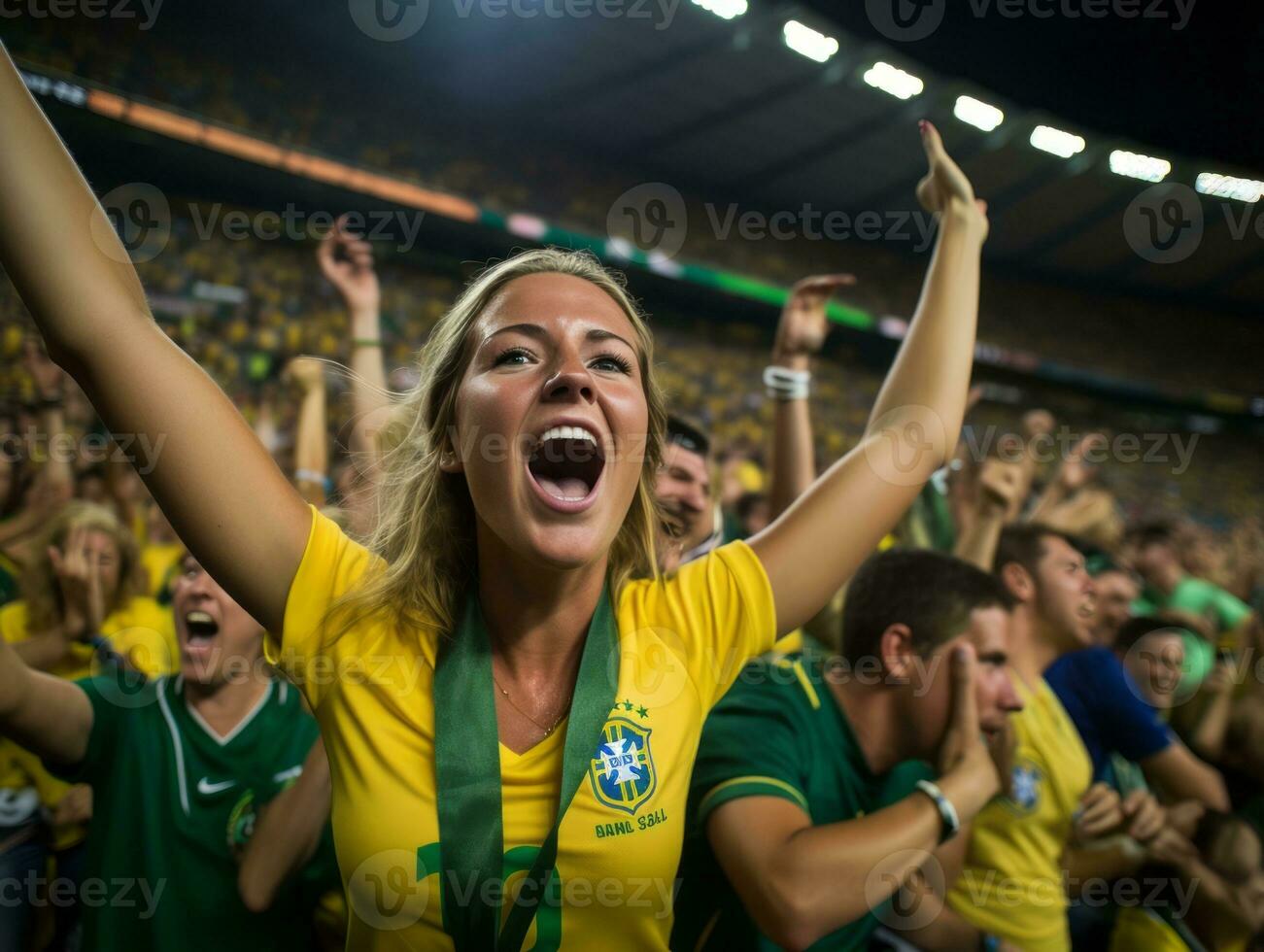 brasileño mujer celebra su fútbol equipos victoria ai generativo foto