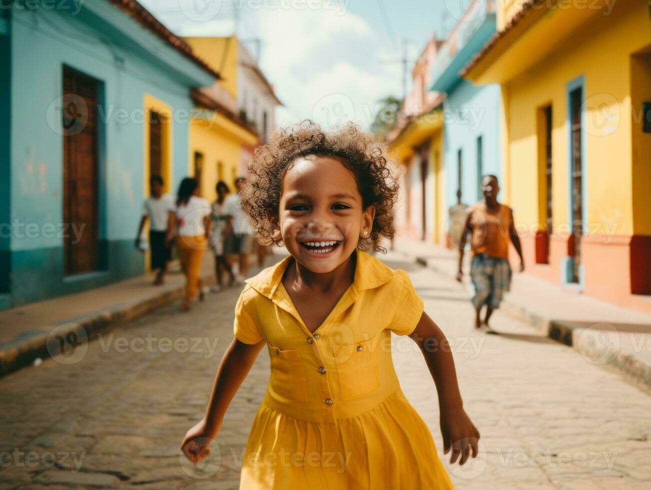 Kid enjoys a leisurely stroll through the vibrant city streets AI Generative photo