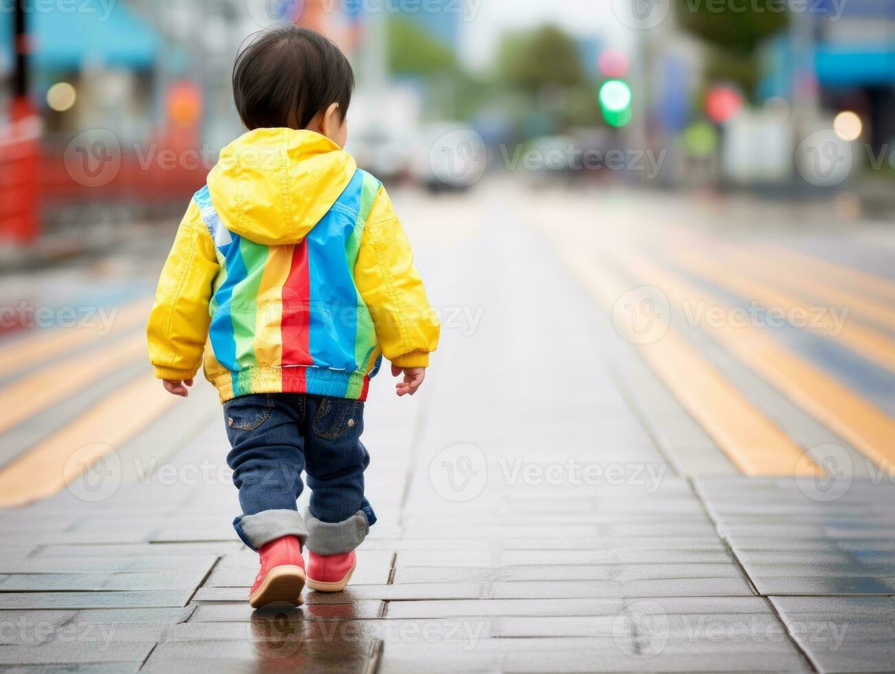 Kid enjoys a leisurely stroll through the vibrant city streets AI Generative photo