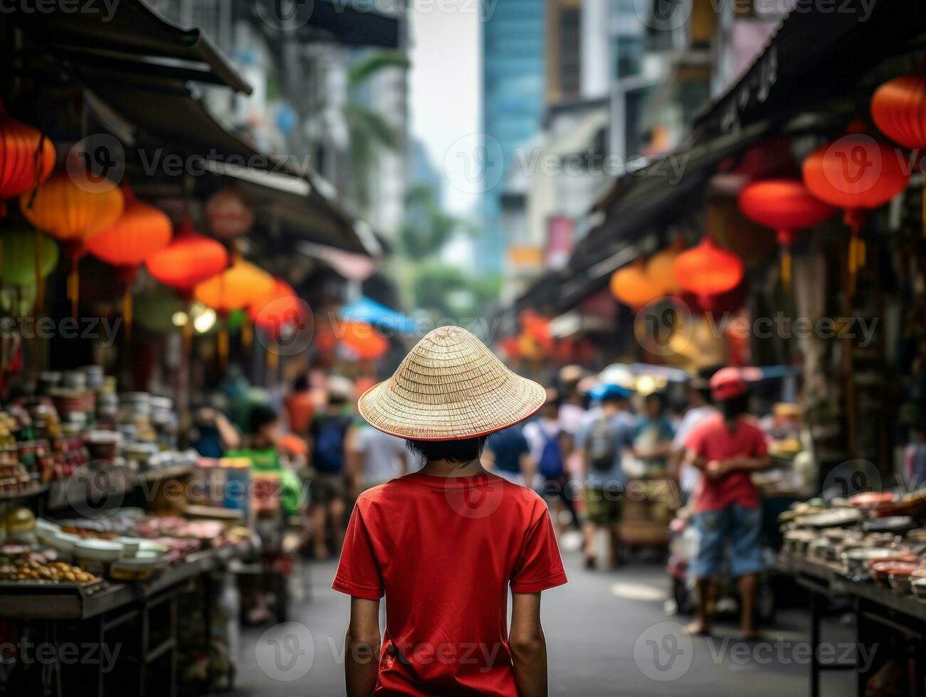 Kid enjoys a leisurely stroll through the vibrant city streets AI Generative photo