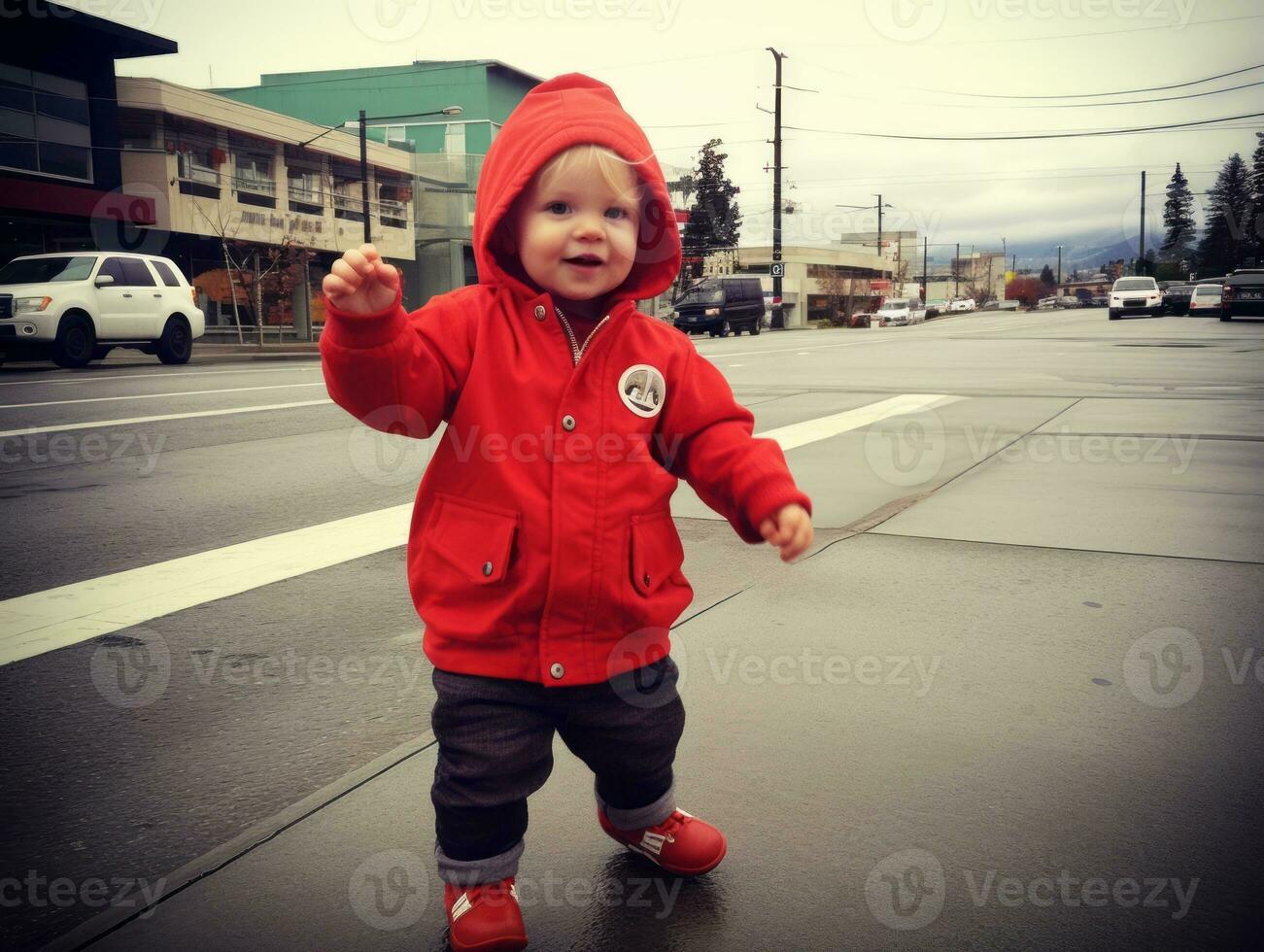 Kid enjoys a leisurely stroll through the vibrant city streets AI Generative photo