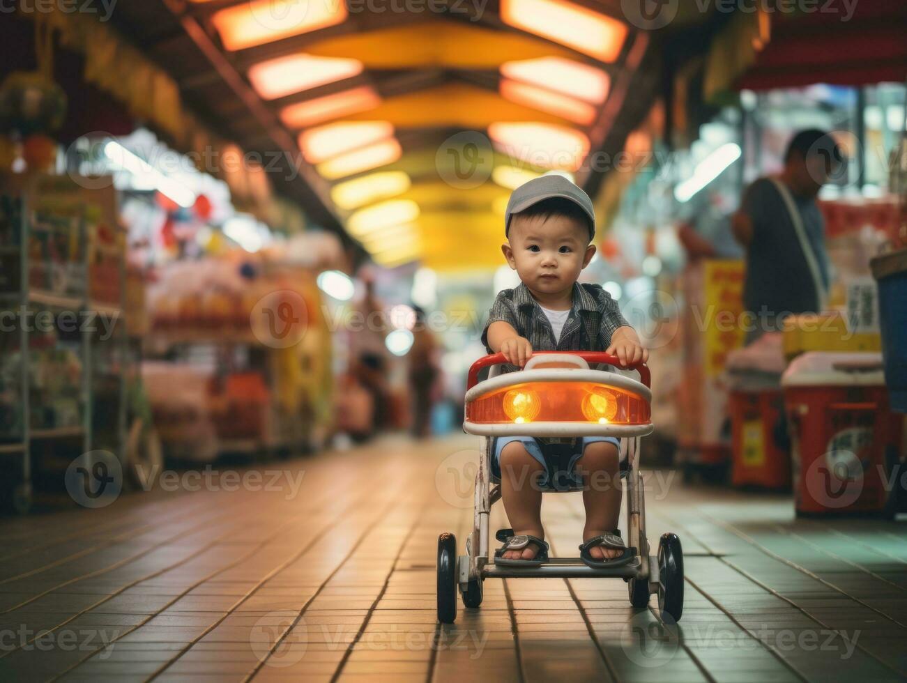 Kid enjoys a leisurely stroll through the vibrant city streets AI Generative photo