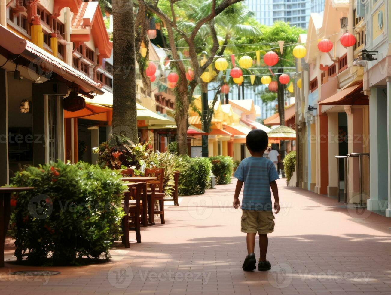 Kid enjoys a leisurely stroll through the vibrant city streets AI Generative photo