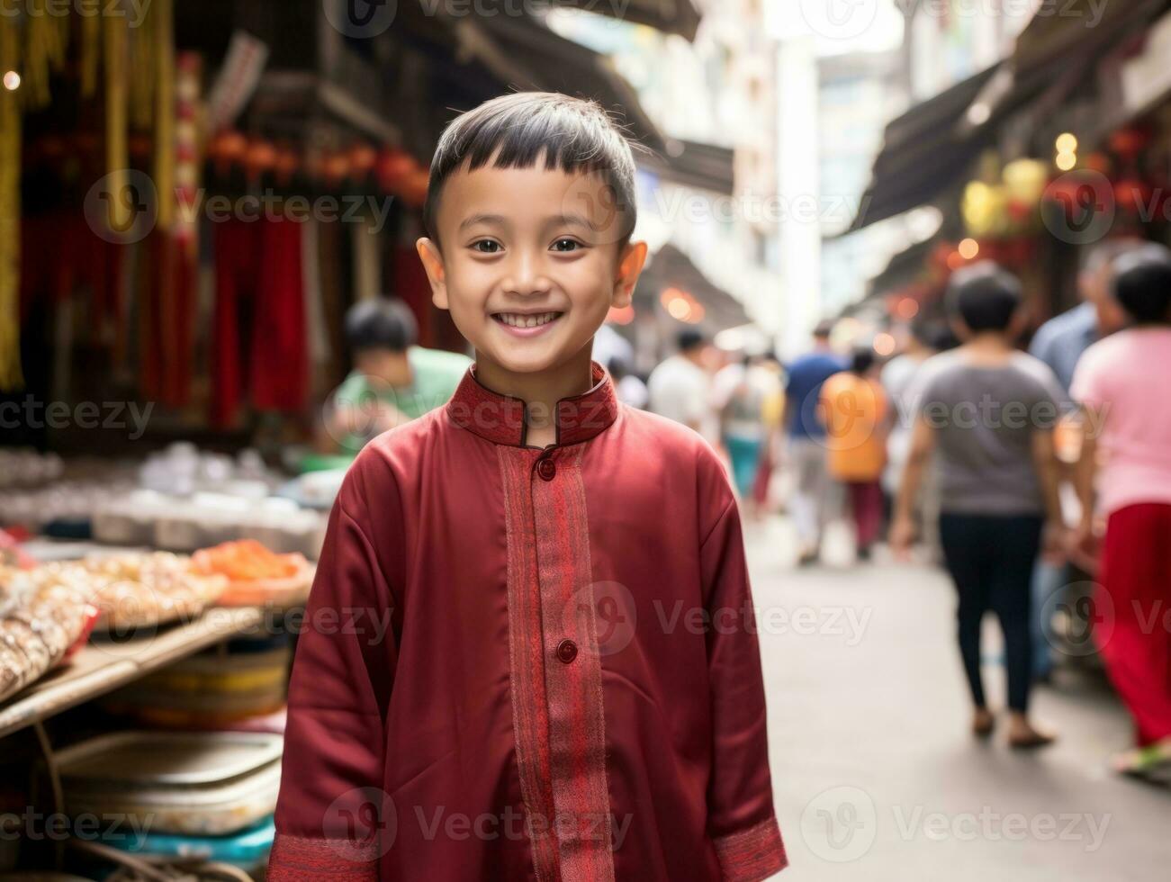 Kid enjoys a leisurely stroll through the vibrant city streets AI Generative photo