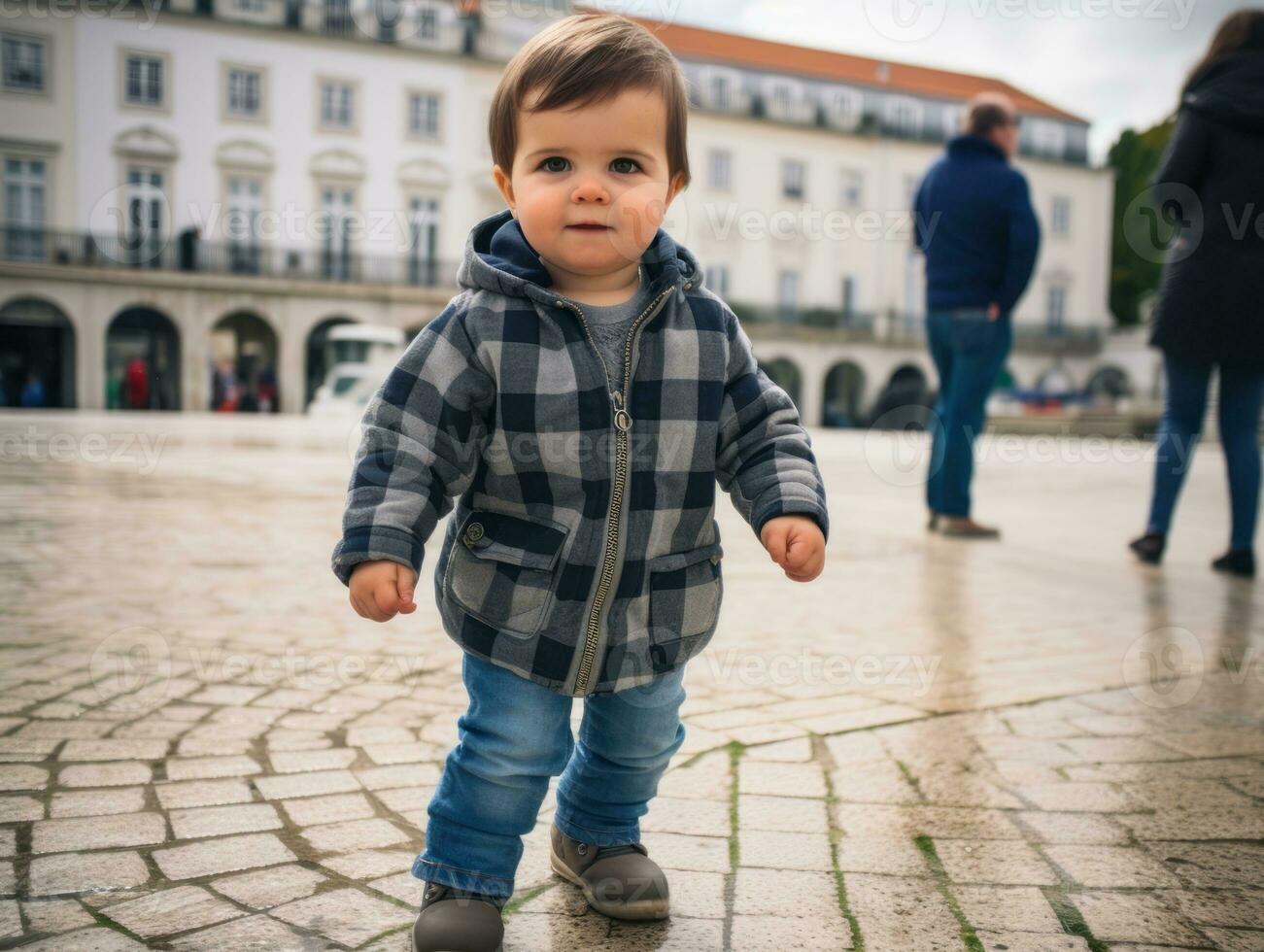 Kid enjoys a leisurely stroll through the vibrant city streets AI Generative photo