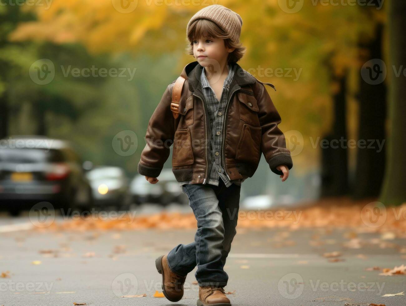 Kid enjoys a leisurely stroll through the vibrant city streets AI Generative photo