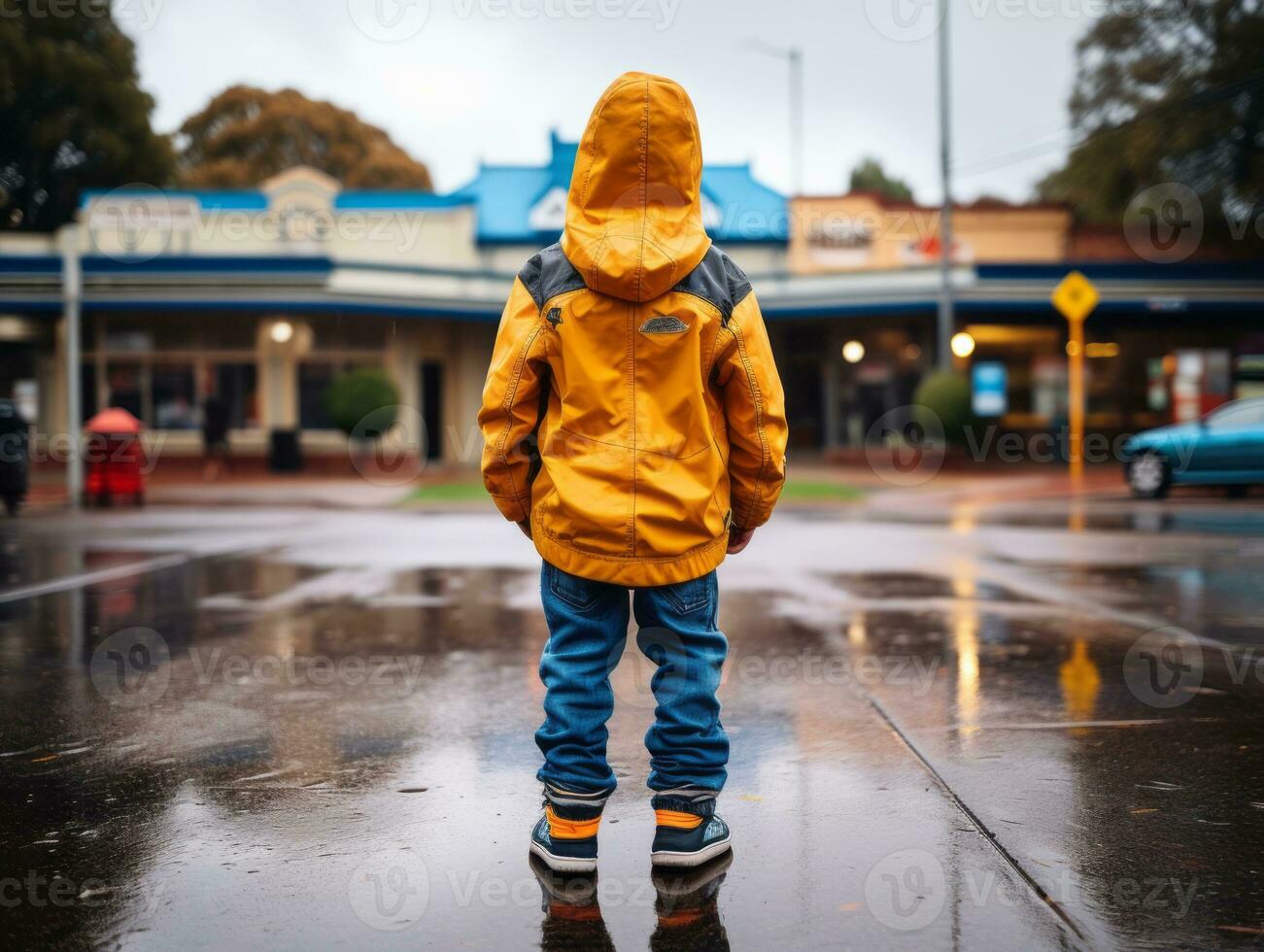 Kid enjoys a leisurely stroll through the vibrant city streets AI Generative photo