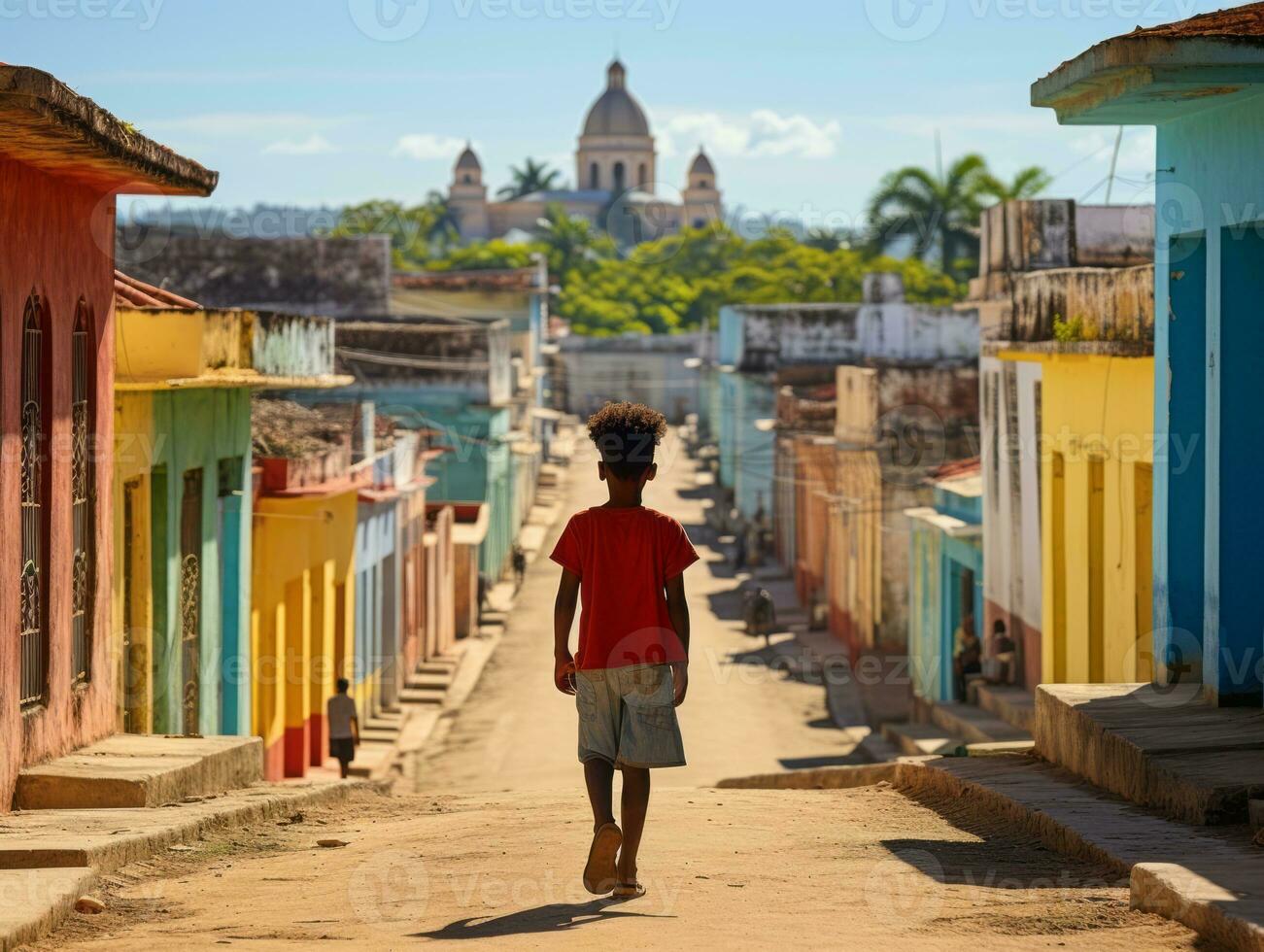 Kid enjoys a leisurely stroll through the vibrant city streets AI Generative photo