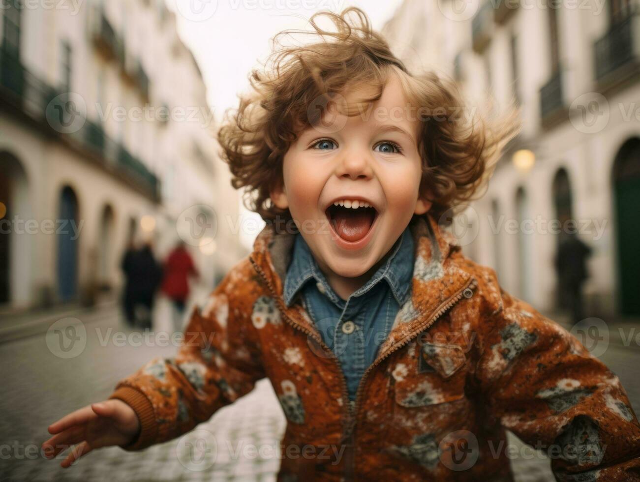 Kid enjoys a leisurely stroll through the vibrant city streets AI Generative photo