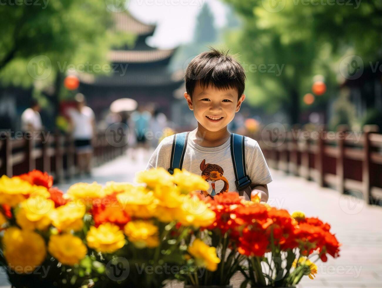 Kid enjoys a leisurely stroll through the vibrant city streets AI Generative photo