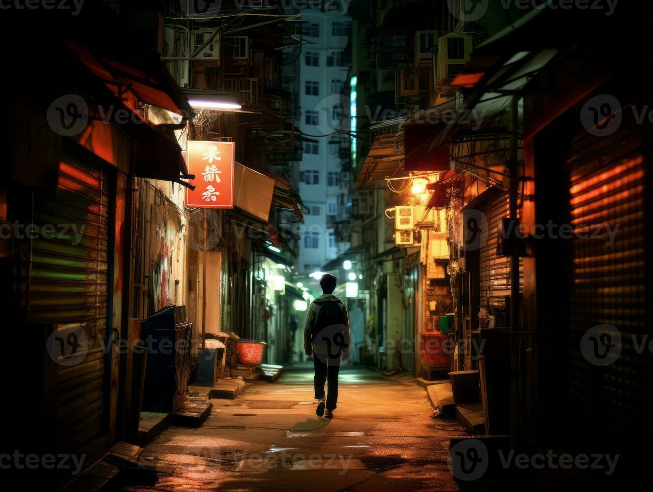 Kid enjoys a leisurely stroll through the vibrant city streets AI Generative photo