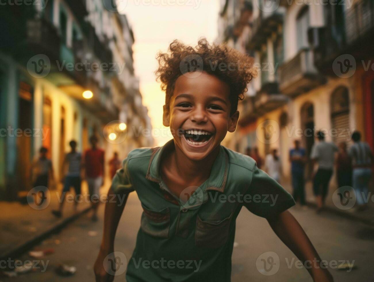 Kid enjoys a leisurely stroll through the vibrant city streets AI Generative photo
