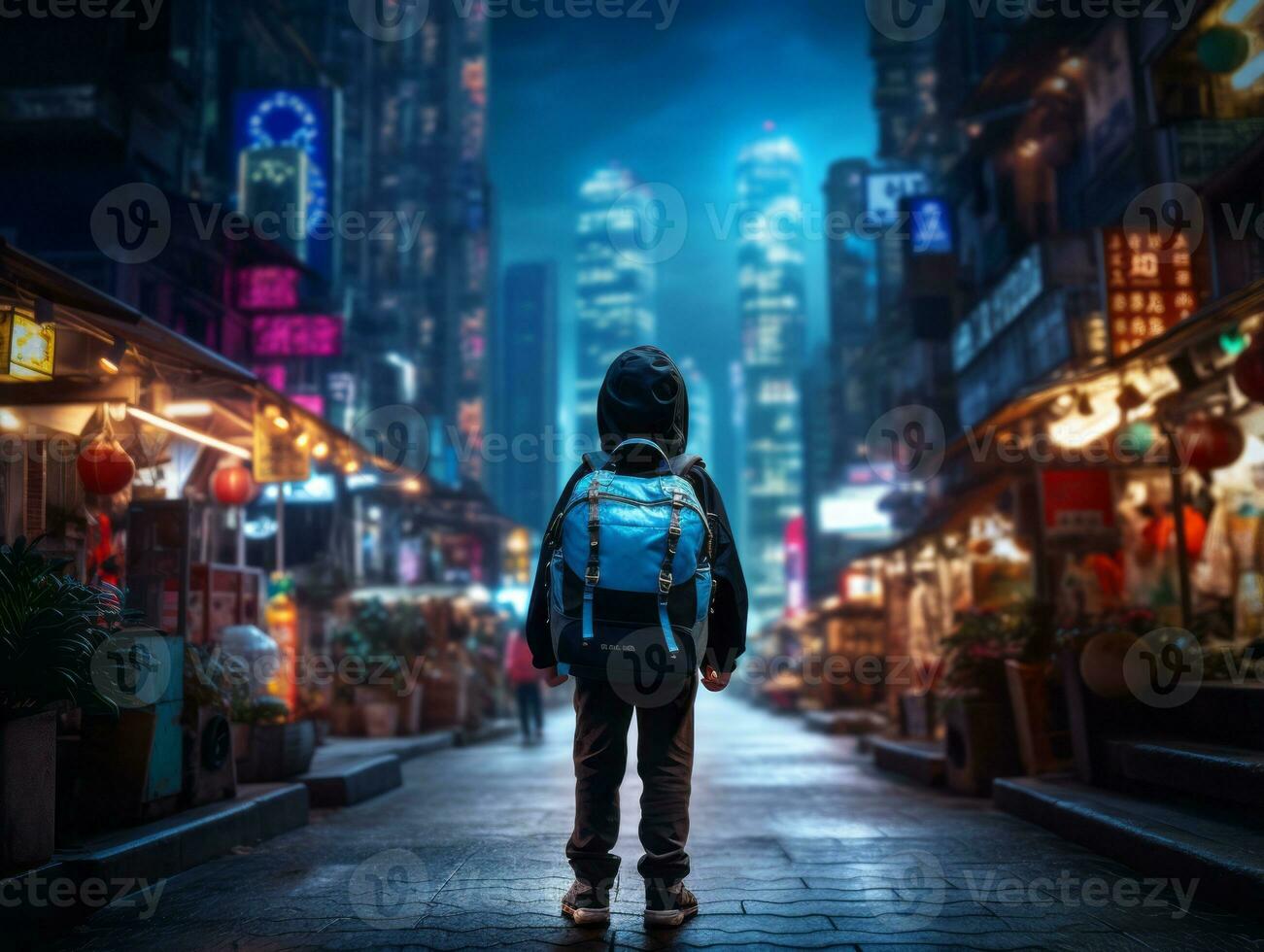 Kid enjoys a leisurely stroll through the vibrant city streets AI Generative photo