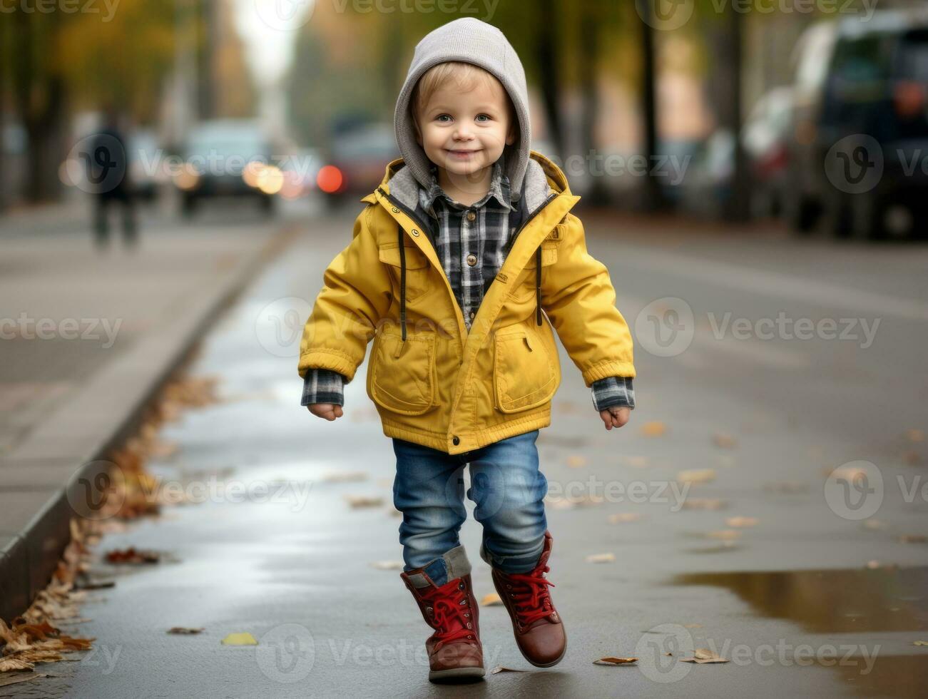 Kid enjoys a leisurely stroll through the vibrant city streets AI Generative photo