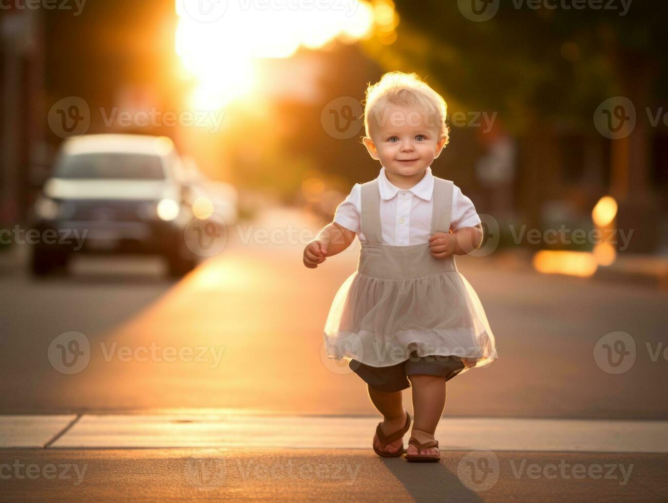 Kid enjoys a leisurely stroll through the vibrant city streets AI Generative photo